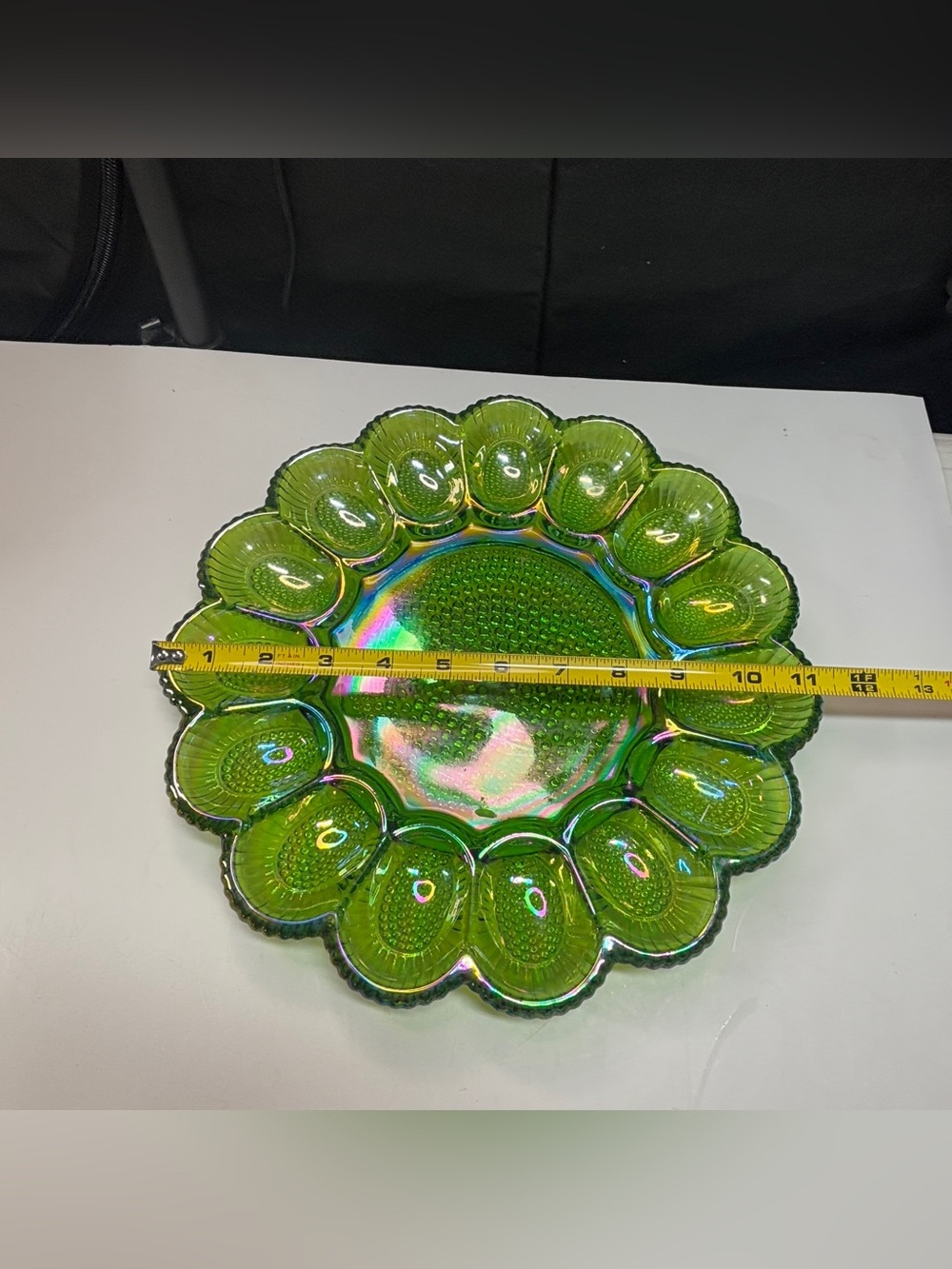 Indiana Glass Iridescent Green Carnival Hobnail Thousand Eye Egg Plate - Picture 8 of 12
